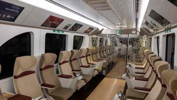 A gold club carriage of a metro train is pictured in Doha on November 8, 2022, ahead of the Qatar 2022 FIFA World Cup football tournament. (Photo by Odd ANDERSEN / AFP)