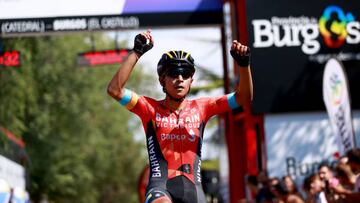 BURGOS, SPAIN - AUGUST 02: Santiago Buitrago Sanchez of Colombia and Team Bahrain Victorious celebrates winning during the 44th Vuelta a Burgos 2022- Stage 1 a 157km stage from Catedral de Burgos to Mirador del Castillo, Burgos / #VueltaBurgos / on August 02, 2022 in Burgos, Spain. (Photo by Gonzalo Arroyo Moreno/Getty Images)