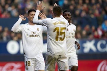 Luka Jovic (L) celebrates scoring Real Madrid's fourth goal in the win over Osasuna.