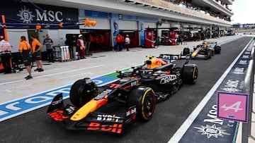 Formula One F1 - Miami Grand Prix - Miami International Autodrome, Miami, Florida, United States - May 3, 2024 Red Bull's Sergio Perez and Red Bull's Max Verstappen during the Sprint Qualifying Pool via REUTERS/Giorgio Viera