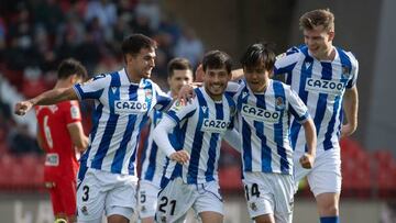Real Sociedad's Spanish midfielder David Silva (C) celebrates after scoring with his teammates during the Spanish league football match between UD Almeria and Real Sociedad at the Municipal Stadium of the Mediterranean Games in Almeria on January 8, 2023. (Photo by JORGE GUERRERO / AFP) (Photo by JORGE GUERRERO/AFP via Getty Images)