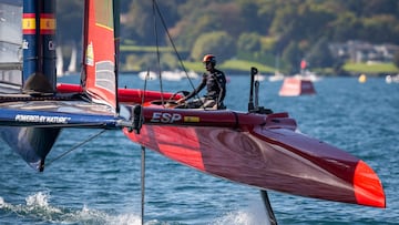 SailGP team Spain with their 50-foot foiling catamaran competes during the Sail GP event on Lake Geneva near Geneva on September 20, 2025. (Photo by Fabrice COFFRINI / AFP)