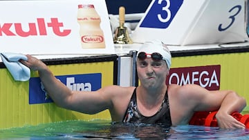 USA's Katie Ledecky reacts after winning a heat for the women's 1500m freestyle event during the Budapest 2022 World Aquatics Championships at Duna Arena in Budapest on June 19, 2022. (Photo by Attila KISBENEDEK / AFP)