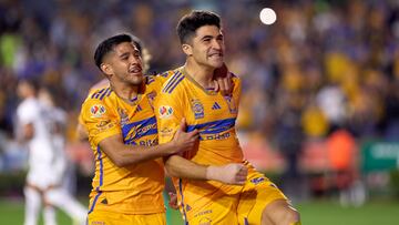Nicolas Ibanez celebrates his goal 2-0 of Tigres during the 5th round match between Tigres UANL and Pumas UNAM as part of the Torneo Clausura 2024 Liga BBVA MX at Universitario Stadium on February 03, 2024 in Monterrey, Nuevo Leon, Mexico.Universitario Stadium on February 03, 2024 in Monterrey, Nuevo Leon, Mexico.