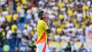 BARRANQUILLA, COLOMBIA - JUNE 06: Richard Rios of Colombia reacts after the FIFA World Cup 2026 South American Qualifier match between Colombia and Peru at Roberto Melendez Metropolitan Stadium on June 06, 2025 in Barranquilla, Colombia. (Photo by Gabriel Aponte/Getty Images)