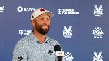 LOUISVILLE, KENTUCKY - MAY 14: Jon Rahm of Spain speaks to the media during press conference during a practice round prior to the 2024 PGA Championship at Valhalla Golf Club on May 14, 2024 in Louisville, Kentucky.   Michael Reaves/Getty Images/AFP (Photo by Michael Reaves / GETTY IMAGES NORTH AMERICA / Getty Images via AFP)