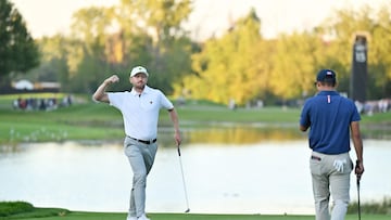 Mackenzie Hughes of Canada and the International Team celebrates on the 16th green during Saturday Afternoon Foursomes on day three of the 2024 Presidents Cup at The Royal Montreal Golf Club on September 28, 2024 in Montreal, Quebec, Canada.