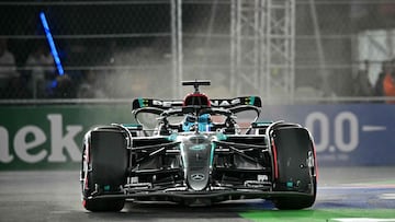 Mercedes' British driver George Russell races during the third practice session for the Las Vegas Formula One Grand Prix in Las Vegas, Nevada on November 22, 2024. (Photo by Frederic J. Brown / AFP)