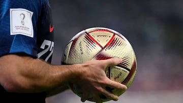 LUSAIL CITY, QATAR - DECEMBER 13: Detail of the adidas ‘Al Hilm’ official match ball during the FIFA World Cup Qatar 2022 semi final match between Argentina and Croatia at Lusail Stadium on December 13, 2022 in Lusail City, Qatar. (Photo by Matthias Hangst/Getty Images)