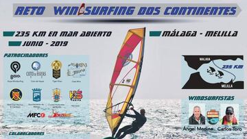 Cartel de presentaci&oacute;n de &#039;Reto Windsurfing: Dos Continentes&#039;, una traves&iacute;a entre M&aacute;laga y Melilla de los windsurfistas Carlos Toro y &Aacute;ngel Medina.