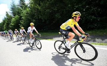 Christopher Froome of Great Britain riding for Team Sky and Geraint Thomas of Great Britain riding for Team Sky in the yellow leader's jersey rides in the peloton during stage three of the 2017 Le Tour de France, a 212.5km stage from Verviers to Longwy on