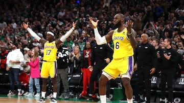 BOSTON, MASSACHUSETTS - JANUARY 28: LeBron James #6 of the Los Angeles Lakers reacts during the fourth quarter against the Boston Celtics at TD Garden on January 28, 2023 in Boston, Massachusetts. The Celtics defeat the Lakers in overtime 125-121.   Maddie Meyer/Getty Images/AFP (Photo by Maddie Meyer / GETTY IMAGES NORTH AMERICA / Getty Images via AFP)