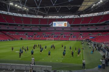 El grupo en el césped de Wembley.