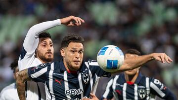 Belal Halbouni (L) of Vancouver fights for the ball with Lucas Ocampos (R) of Monterrey during the round of 16 second leg match between Monterrey and Vancouver Whitecaps as part of the CONCACAF Champions Cup 2025, at TSM Corona Stadium on March 12, 2025 in Torreon, Coahuila, Mexico.
