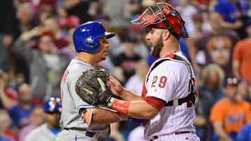 Apr 10, 2017; Philadelphia, PA, USA; New York Mets shortstop Asdrubal Cabrera (13) is held back by Philadelphia Phillies catcher Cameron Rupp (29) after a high pitch during the eighth inning at Citizens Bank Park. The Mets defeated the Phillies, 4-3. Mandatory Credit: Eric Hartline-USA TODAY Sports