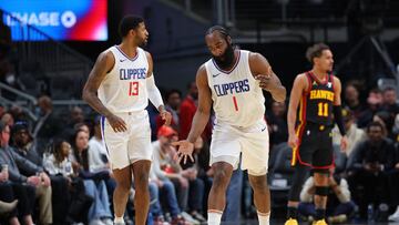 ATLANTA, GEORGIA - FEBRUARY 05: James Harden #1 of the LA Clippers reacts after hitting a three-point basket against the Atlanta Hawks during the first quarter at State Farm Arena on February 05, 2024 in Atlanta, Georgia. NOTE TO USER: User expressly acknowledges and agrees that, by downloading and/or using this photograph, user is consenting to the terms and conditions of the Getty Images License Agreement.   Kevin C. Cox/Getty Images/AFP (Photo by Kevin C. Cox / GETTY IMAGES NORTH AMERICA / Getty Images via AFP)