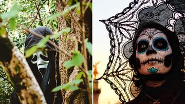 Disfraz de Ghostface (i), el villano en 'Scream', y de la Catrina (d), un personaje popular del Día de Muertos mexicano.
