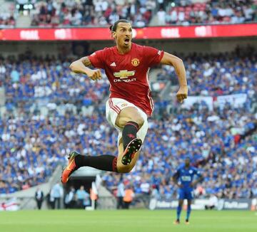 Man Utd's Zlatan Ibrahimovic celebrates after scoring against Leicester during the FA Community Shield between Manchester United and Leicester City at Wembley Stadium in London