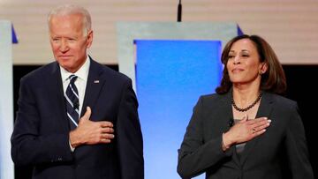 FILE PHOTO: Former Vice President Joe Biden and U.S. Senator Kamala Harris take the stage before the start of the second night of the second U.S. 2020 presidential Democratic candidates debate in Detroit, Michigan, U.S., July 31, 2019. REUTERS/Lucas Jackson/File Photo