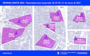 Las siete zonas peatonales que habrá en Madrid por la Semana Santa: todas las calles cortadas al tráfico