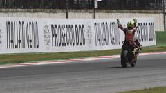 MISANO ADRIATICO, ITALY - JUNE 23: Alvaro Bautista of Spain and ARUBA.IT RACING-DUCATI celebrates the victory at the end of the Tissot Superpole race during the FIM Superbike World Championship in Misano - Race 2 on June 23, 2019 in Misano Adriatico, Ital