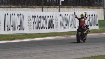 MISANO ADRIATICO, ITALY - JUNE 23: Alvaro Bautista of Spain and ARUBA.IT RACING-DUCATI celebrates the victory at the end of the Tissot Superpole race during the FIM Superbike World Championship in Misano - Race 2 on June 23, 2019 in Misano Adriatico, Ital