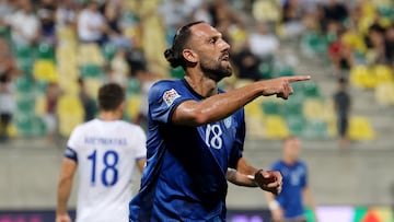 Soccer Football - Nations League - League C - Group 2 - Cyprus v Kosovo - AEK Arena, Lamaca, Cyprus - September 9, 2024 Kosovo's Vedat Muriqi celebrates scoring their second goal REUTERS/Yiannis Kourtoglou