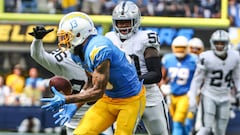 Inglewood, CA, Sunday, September 11, 2022 - Los Angeles Chargers wide receiver Keenan Allen (13) hauls in a long pass from Los Angeles Chargers quarterback Justin Herbert (10) in the first quarter against the Las Vegas Raiders at SoFi Stadium. (Robert Gauthier/Los Angeles Times via Getty Images)