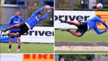 Fredy Guarín se prueba como arquero en el entrenamiento del Inter.