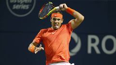 Aug 10, 2018; Toronto, Ontario, Canada; Rafael Nadal (ESP) returns a ball to Marin Cilic (not pictured) in the quarter finals at the Rogers Cup tennis tournament at Aviva Centre. Mandatory Credit: John E. Sokolowski-USA TODAY Sports