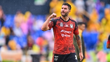 Andre-Pierre Gignac celebrates his goal 1-0 of Tigres during the 11th round match between Tigres UANL and Puebla as part of the Liga BBVA MX, Torneo Apertura 2024 at Universitario Stadium on October 05, 2024 in Monterrey, Nuevo Leon, Mexico.