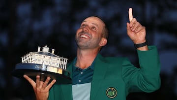AUGUSTA, GA - APRIL 09: Sergio Garcia of Spain celebrates with the Masters Trophy during the Green Jacket ceremony