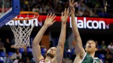 El p&iacute;vot del Unicaja, Fran V&aacute;zquez (d), en el &uacute;ltimo partido de la Euroliga contra el KK Cedevita Zagreb.