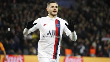 December 11 2019 - Paris, France : Soccer Champion's League Group A stage phase PSG vs Galatasaray in Parc des Princes stadium. PSG won 5-0. PSG's (white shirt) Mauro Icardi joy after scoring the 1-0 goal seen here. (Henri Szwarc/Contacto)