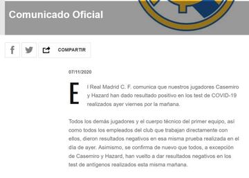 El comunicado del Real Madrid anunciando el positivo por coronavirus de Hazard y Casemiro.