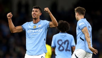 Manchester City's Portuguese midfielder #27 Matheus Nunes celebrates scoring the team's second goal during the English League Cup third round football match between Manchester City and Watford at the Etihad stadium in Manchester, northwest England on September 24, 2024. (Photo by Darren Staples / AFP) / RESTRICTED TO EDITORIAL USE. No use with unauthorized audio, video, data, fixture lists, club/league logos or 'live' services. Online in-match use limited to 120 images. An additional 40 images may be used in extra time. No video emulation. Social media in-match use limited to 120 images. An additional 40 images may be used in extra time. No use in betting publications, games or single club/league/player publications. /