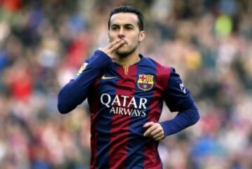 El delantero del FC Barcelona Pedro Rodríguez celebra el gol que ha marcado ante el Córdoba, el primero del equipo, durante el partido correspondiente a la decimosexta jornada de Liga que disputan en el estadio Camp Nou de Barcelona. 