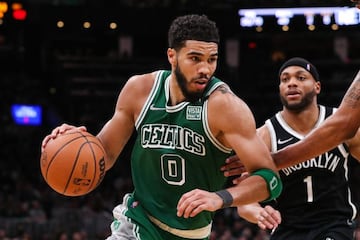 Mar 6, 2022; Boston, Massachusetts, USA; Boston Celtics forward Jayson Tatum (0) drives to the basket during the second half against the Brooklyn Nets at TD Garden. Mandatory Credit: Paul Rutherford-USA TODAY Sports