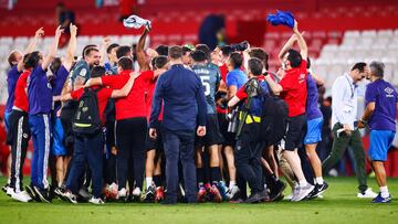 GIRONA, SPAIN - JUNE 20: Rayo Vallecano players and staff celebrates the promotion to the first spanish league after the La Liga Smartbank Playoff Final 2nd Leg match between  Girona FC and Rayo Vallecano at Montilivi Stadium on June 20, 2021 in Girona, S