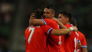 Futbol, Mexico vs Chile.
Partido amistoso 2021.
Los jugadores de la seleccion chilena celebran su gol contra Mexico durante el partido amistoso disputado en el estadio Q2 de Austin, Estados Unidos.
Mexsport/Photosport
Football, Mexico vs Chile.
202