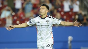 Aug 2, 2023; Frisco, TX, USA;  FC Dallas forward Alan Velasco (20) celebrates after scoring a goal on a penalty kick during the second half against Mazatlan at Toyota Stadium. Mandatory Credit: Kevin Jairaj-USA TODAY Sports