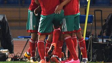 Morocco&#039;s El Arrabi Youssef celebrates with teammates after scoring a goal during the African Cup of Nations qualification football match between Morocco and Cape Verde Islands.