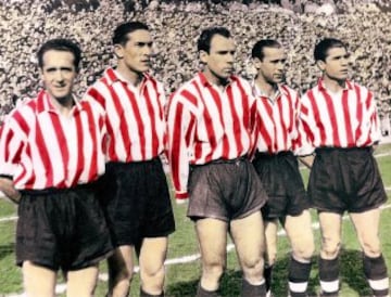 "Los catedráticos" del Athletic formada por Iriondo, Venancio, Zarra, Panizo y Gaínza. Tras algunos años de sequía, los aficionadors bilbaínos recuperaron la ilusión gracias a una delantera que llevó al Athletic a ganar una Liga (1943) y tres Copas (1944,45 y 1950), además de consagrar a Zarra.