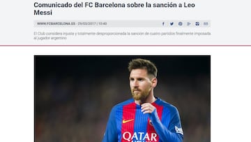 Barça defend Messi over "totally disproportionate" ban