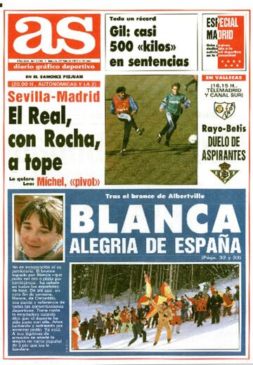 El 22 de febrero de 1992 la portada del Diario AS inform de las reacciones de alegra del deporte espa?ol tras el bronce de Blanca.