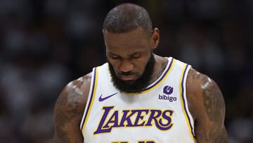 DENVER, COLORADO - APRIL 20: LeBron James #23 of the Los Angeles Lakers walks on the court while playing the Denver Nuggets in the first quarter during game one of the Western Conference First Round Playoffs at Ball Arena on April 20, 2024 in Denver, Colorado. NOTE TO USER: User expressly acknowledges and agrees that, by downloading and or using this photograph, User is consenting to the terms and conditions of the Getty Images License Agreement.   Matthew Stockman/Getty Images/AFP (Photo by MATTHEW STOCKMAN / GETTY IMAGES NORTH AMERICA / Getty Images via AFP)