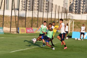 La Selección Colombia continúa trabajando en la sede de la Federación Colombiana de Fútbol en Barranquilla bajo el mando del técnico Reinaldo Rueda. Tras la atención a la prensa, el grupo conformado por jugadores del FPC hizo trabajo en espacio reducido, fútbol y trabajo de arqueros.