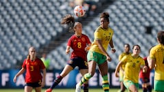 Gosford (Australia), 16/02/2023.- Maite Oroz of Spain competes for the ball with Atlanta Primus of Jamaica during a match of the 2023 Cup of Nations soccer tournament, at Central Coast Stadium, in Gosford, Australia, 16 February 2023. (España) EFE/EPA/DARREN PATEMAN AUSTRALIA AND NEW ZEALAND OUT
