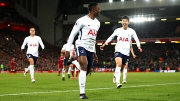 LIVERPOOL, ENGLAND - FEBRUARY 04:  Victor Wanyama of Tottenham Hotspur celebrates after scoring his sides first goal during the Premier League match between Liverpool and Tottenham Hotspur at Anfield on February 4, 2018 in Liverpool, England.  (Photo by C