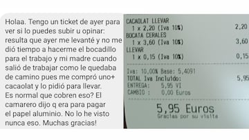 Va a un bar y le cobran 0,15 € por el envoltorio de un bocadillo: “No lo he visto nunca”